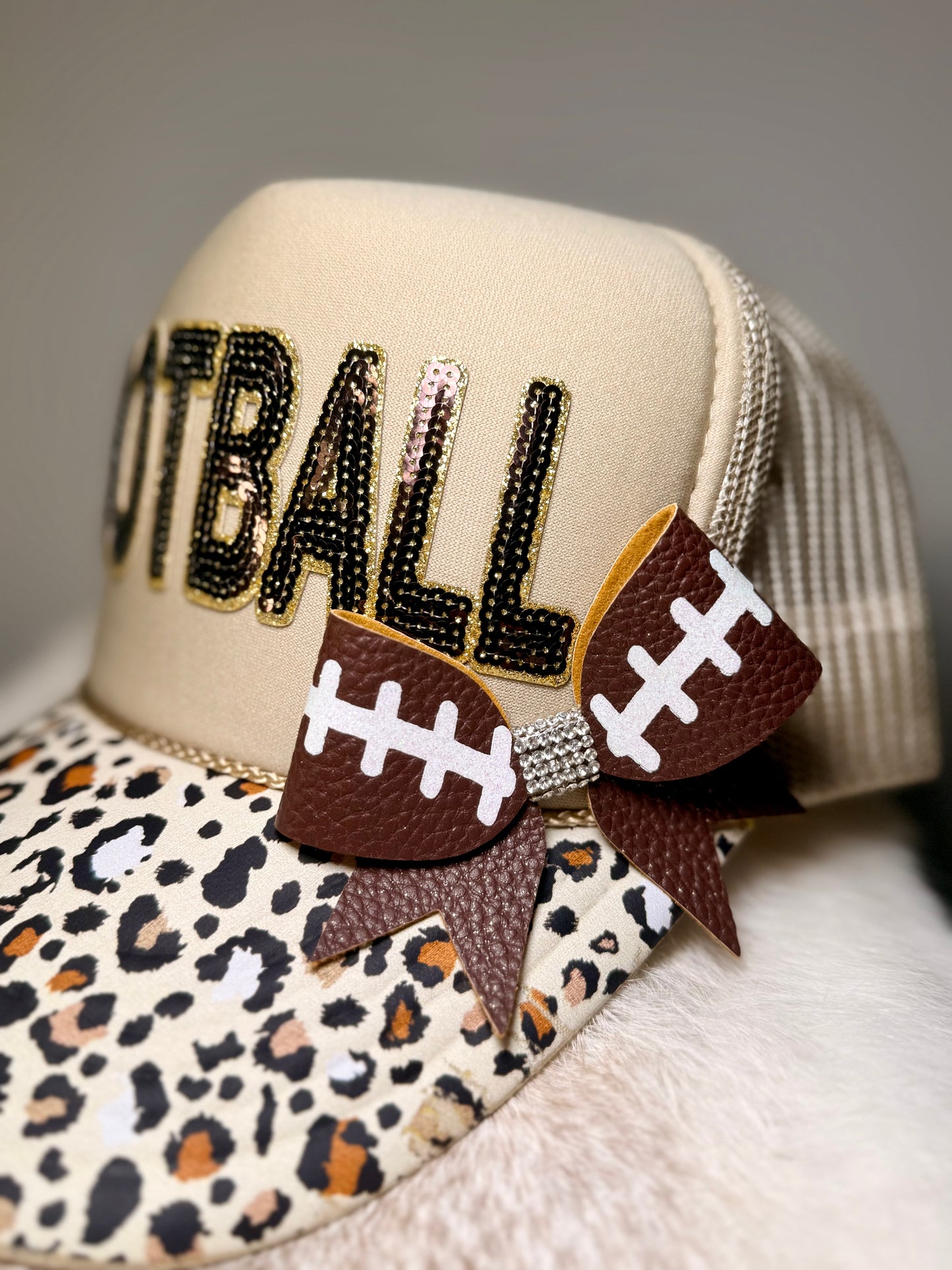 Leopard Football Trucker Hat | Sequin Football Hat | Game Day Trucker Cap | Football Mom Hat | Handmade Bow Hat