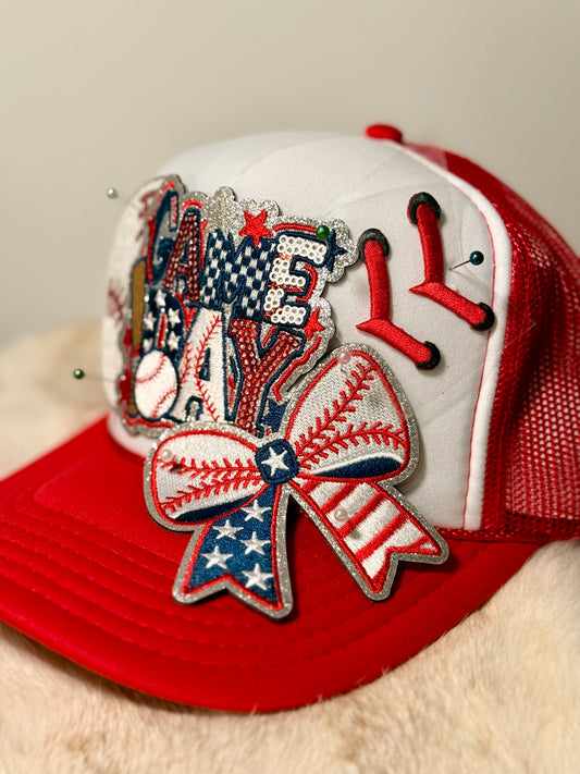 Game Day Baseball Trucker Hat – Patriotic Baseball Hat, Red White Blue Hat, Sports Mom Hat