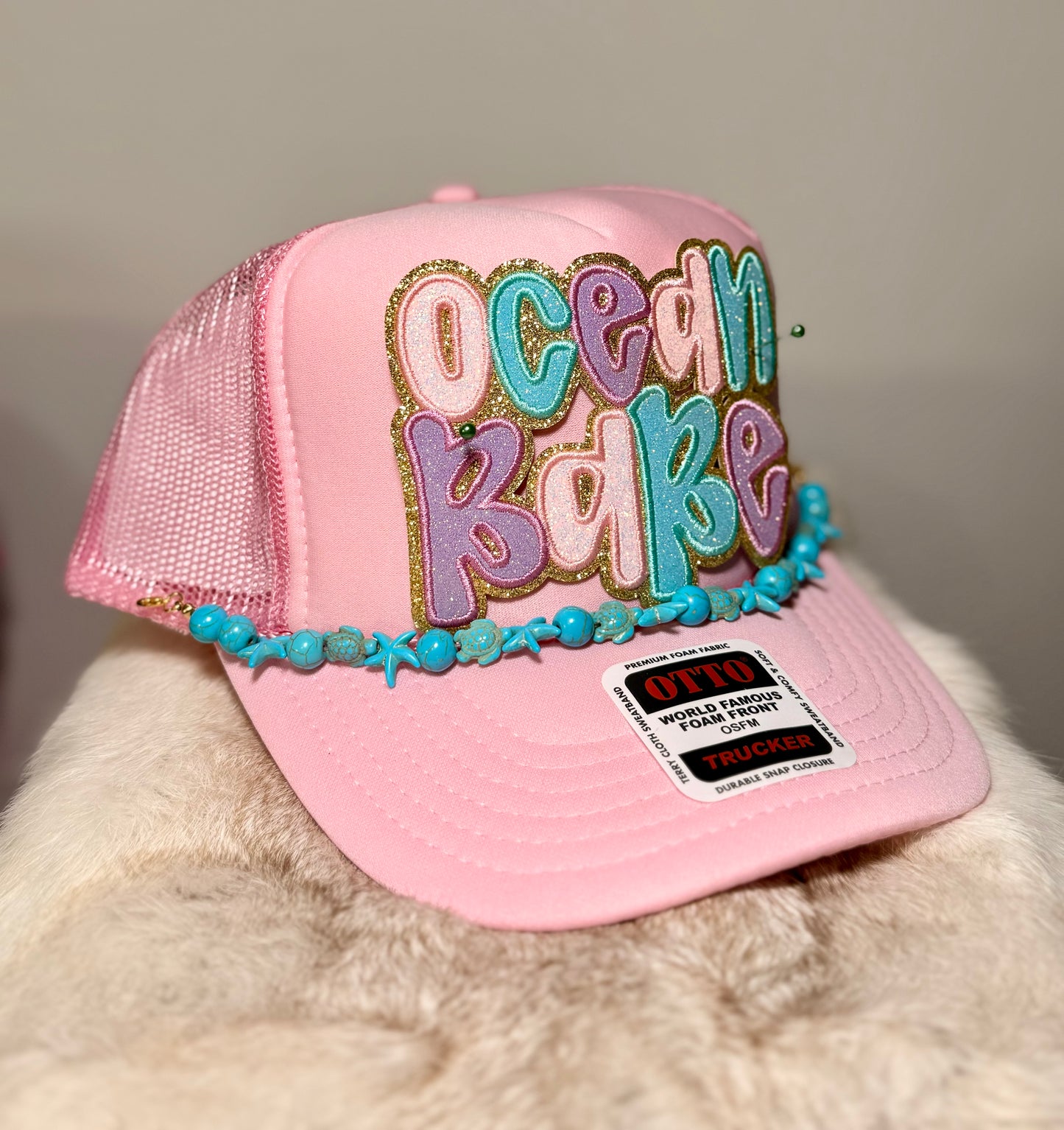 Ocean Babe Trucker Hat | Pink Coastal Glam Hat | Beachy Pastel Summer Snapback