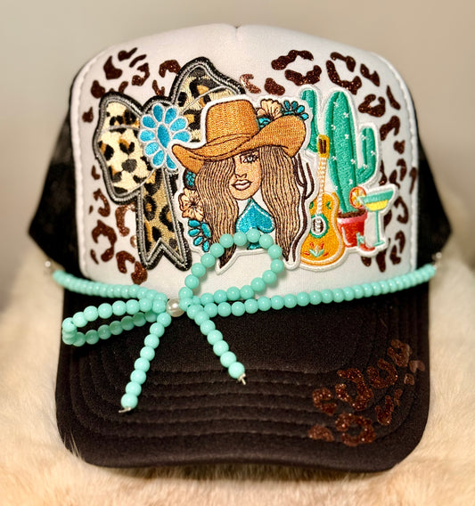 Western Cowgirl Glam Trucker Hat | Leopard & Turquoise Boutique Hat | Southern Boho Western Cap