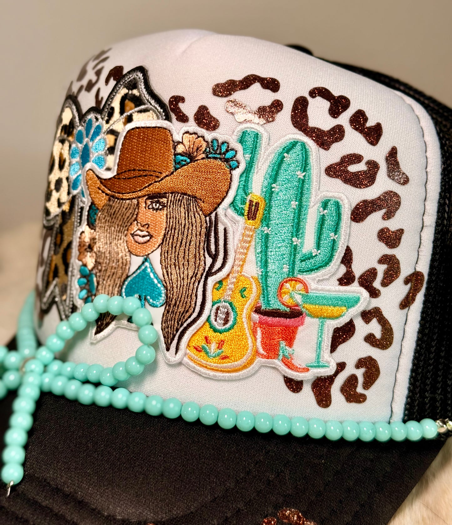 Western Cowgirl Glam Trucker Hat | Leopard & Turquoise Boutique Hat | Southern Boho Western Cap