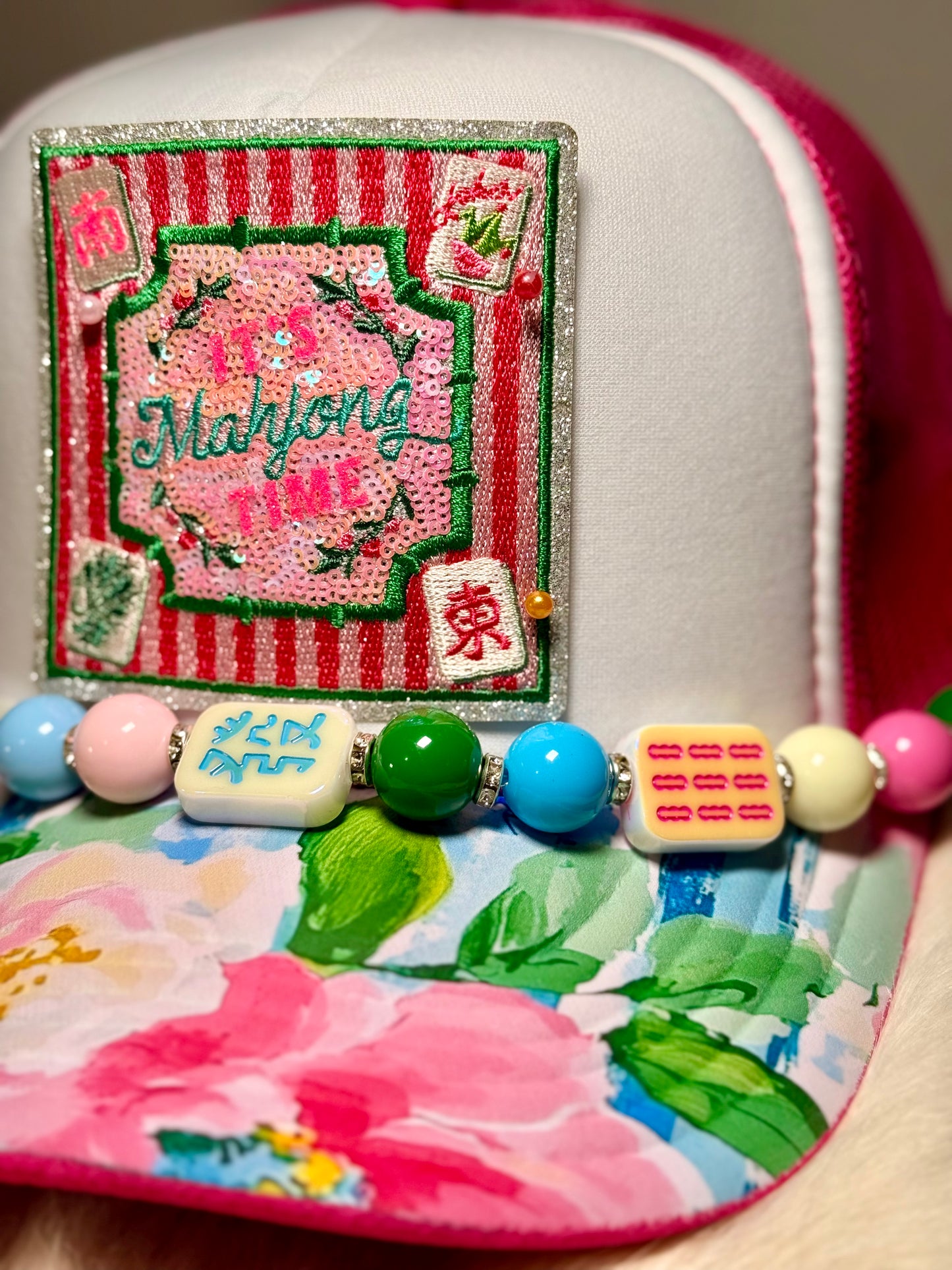 Mahjong Queen Trucker Hat, Floral Mahjong Hat, Pink Striped Patch Hat, Boujee Mahjong Hat, Game Night Hat, Cute Boutique Trucker Hat
