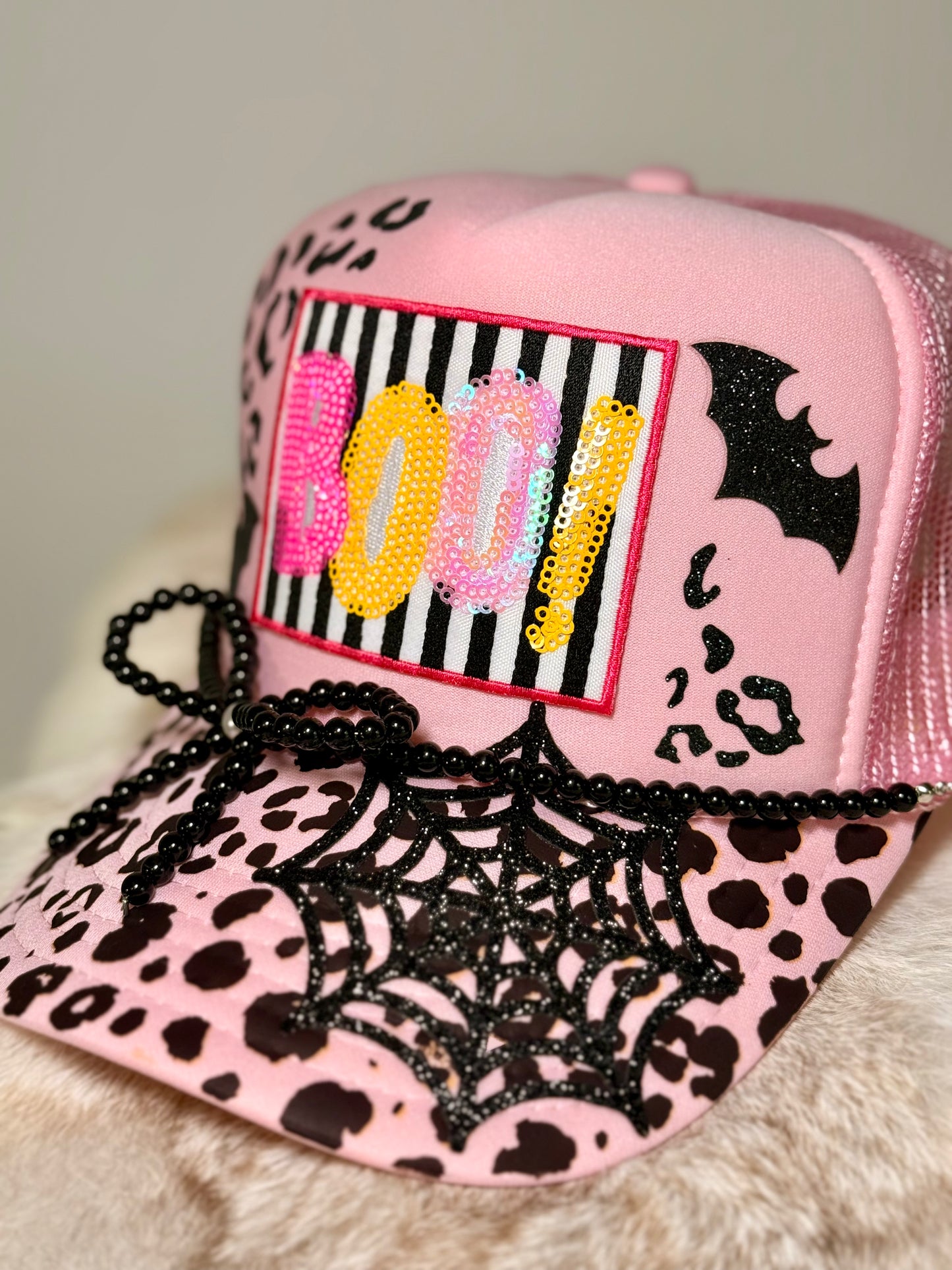 Pink Boo Halloween Trucker Hat | Sequin Boo Hat | Pink Leopard Halloween Hat | Spooky Season Trucker Hat