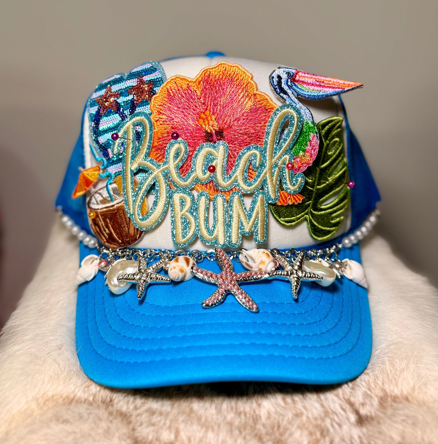 Beach Bum Coastal Glam Trucker Hat | Blue Tropical Shell Hat | Summer Vacation Statement Cap