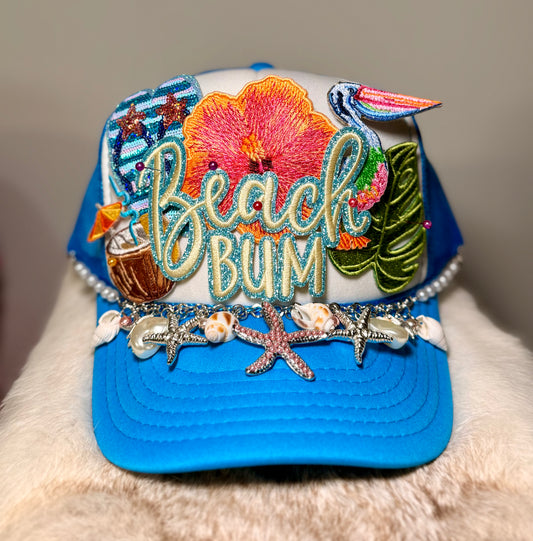 Beach Bum Coastal Glam Trucker Hat | Blue Tropical Shell Hat | Summer Vacation Statement Cap