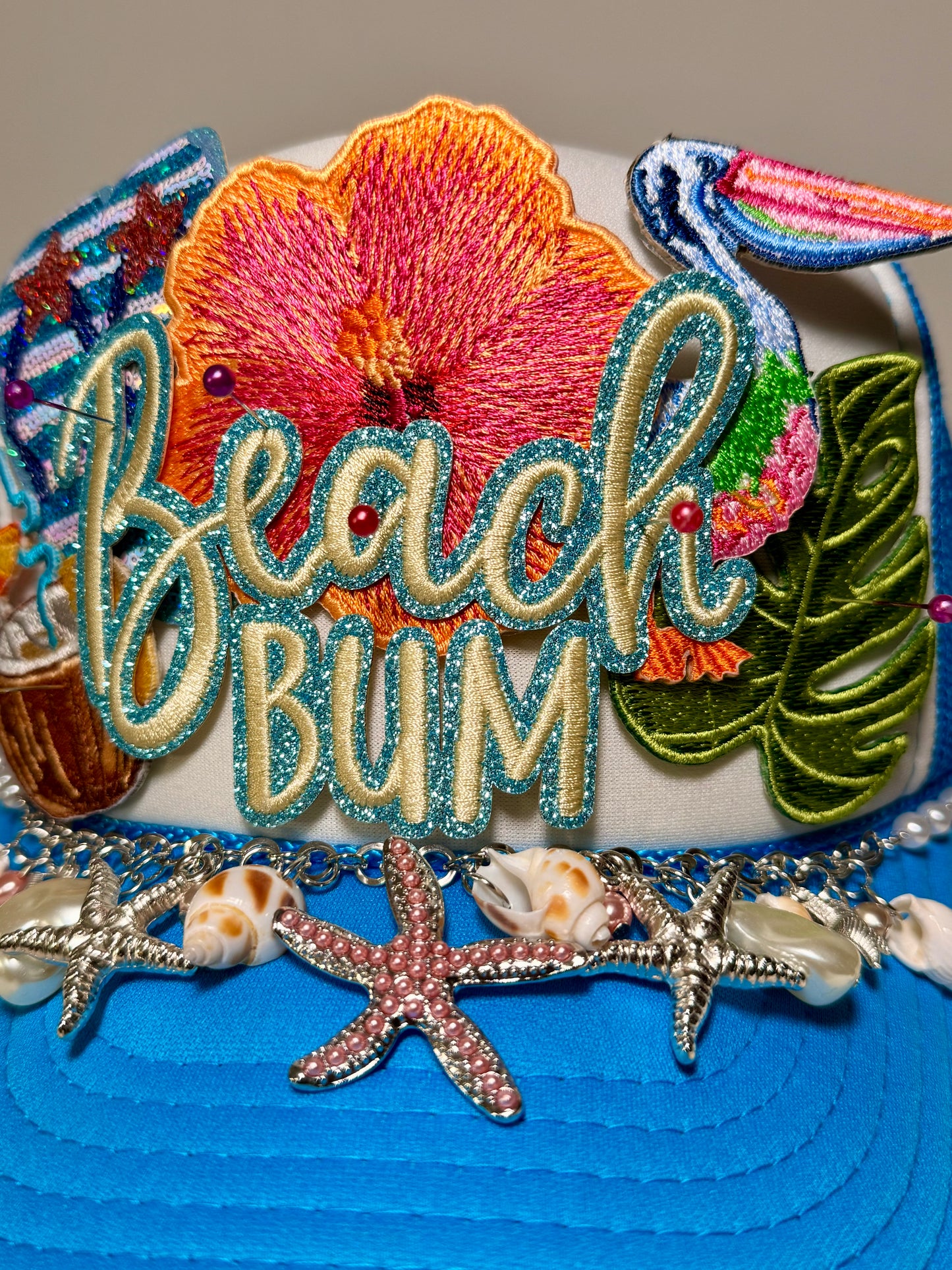 Beach Bum Coastal Glam Trucker Hat | Blue Tropical Shell Hat | Summer Vacation Statement Cap