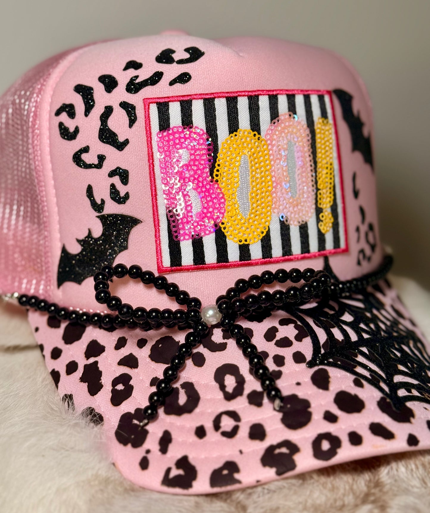 Pink Boo Halloween Trucker Hat | Sequin Boo Hat | Pink Leopard Halloween Hat | Spooky Season Trucker Hat