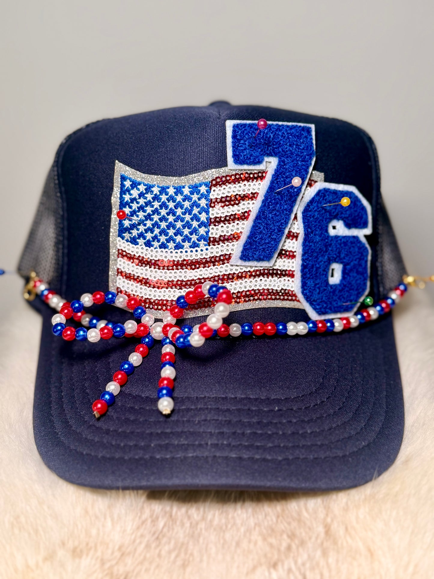 Patriotic 76 Trucker Hat | Americana USA Flag Hat | Red White & Blue Beaded Bow Hat