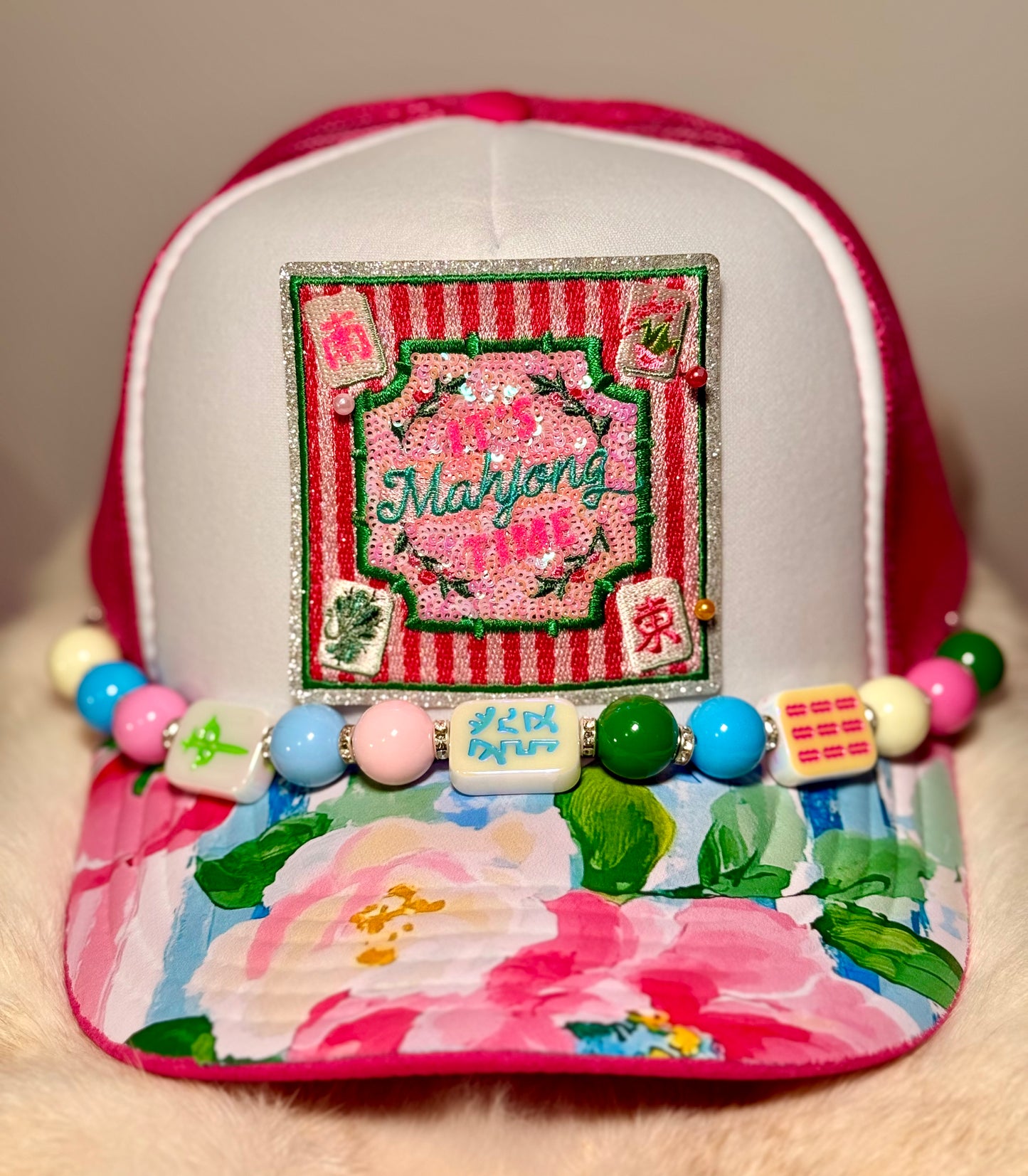 Mahjong Queen Trucker Hat, Floral Mahjong Hat, Pink Striped Patch Hat, Boujee Mahjong Hat, Game Night Hat, Cute Boutique Trucker Hat