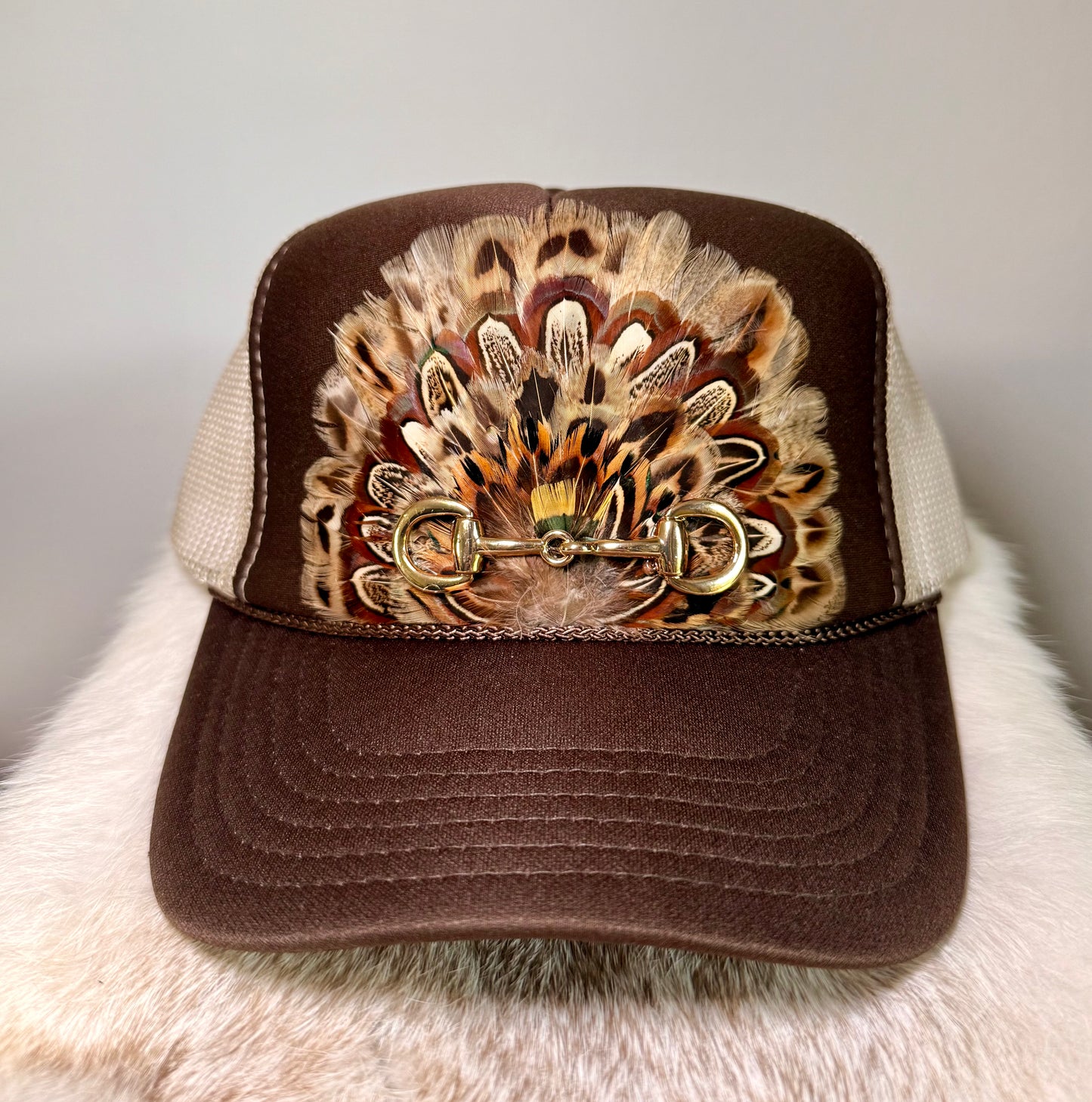 Brown Feather Trucker Hat | Western Horse Bit Hat | Boho Feather Hat | Cowgirl Trucker Hat | Equestrian Hat