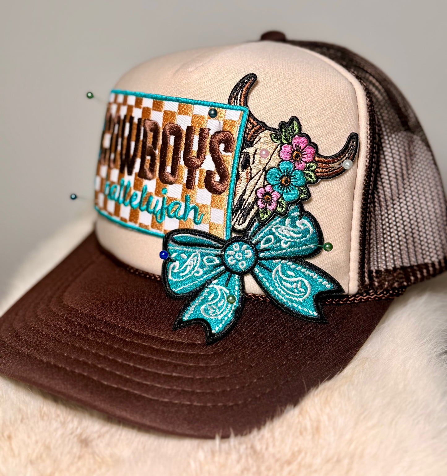 Cowboys Hallelujah Western Trucker Hat | Turquoise Bow & Floral Cow Skull Patch Hat