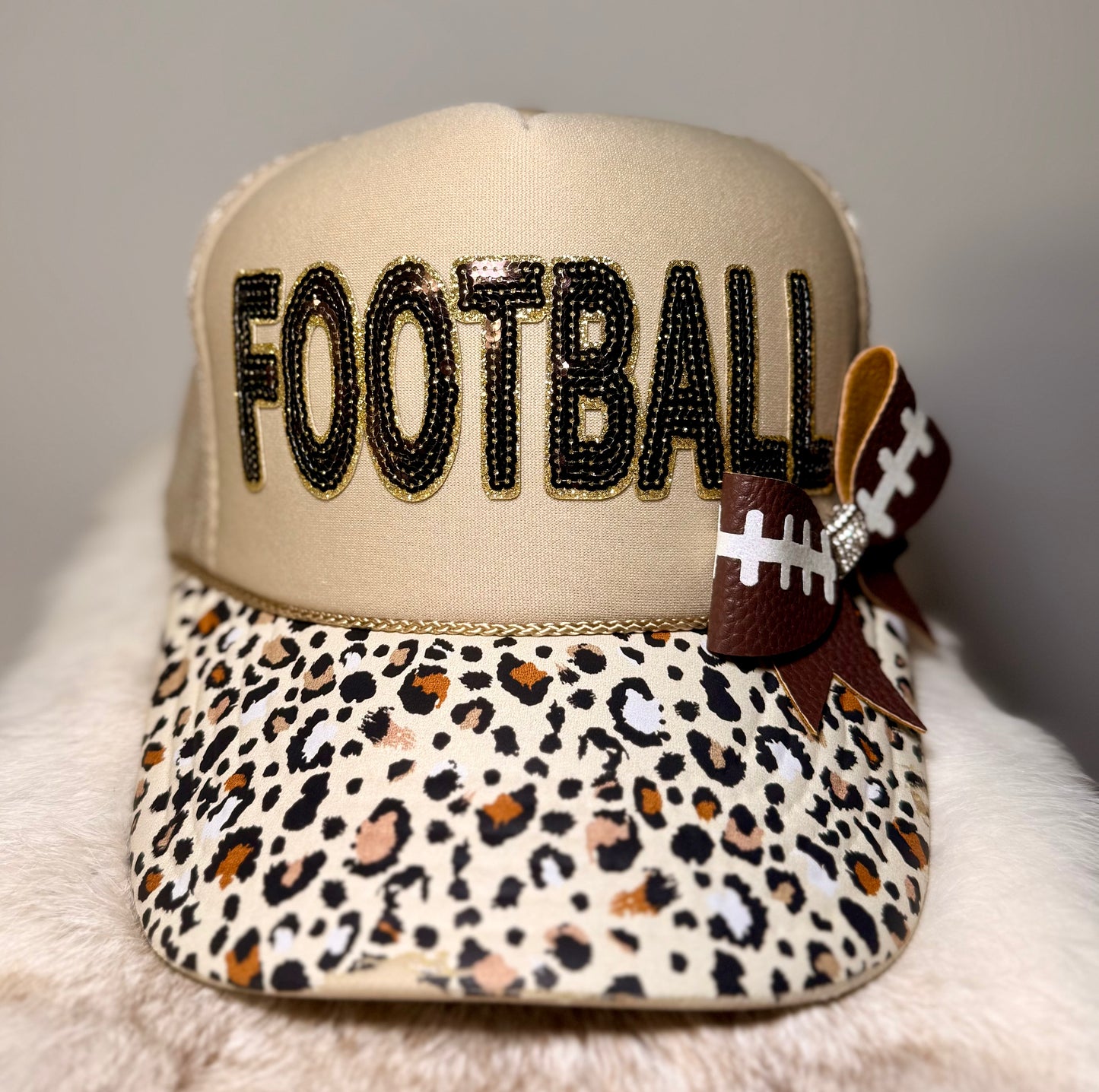 Leopard Football Trucker Hat | Sequin Football Hat | Game Day Trucker Cap | Football Mom Hat | Handmade Bow Hat