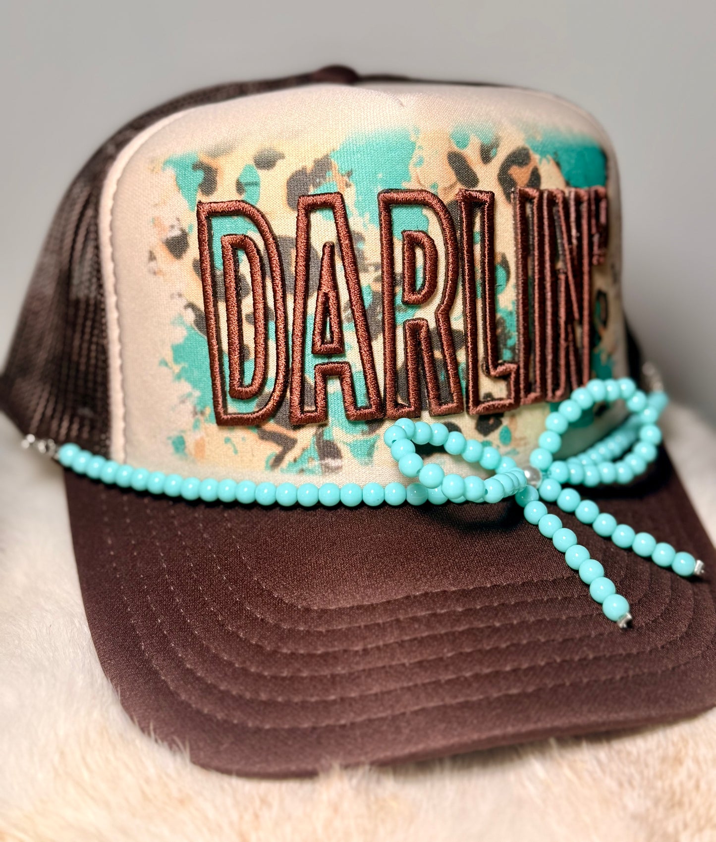 Darlin’ Western Trucker Hat | Turquoise Beaded Bow Cowgirl Hat | Handmade Boutique Hat