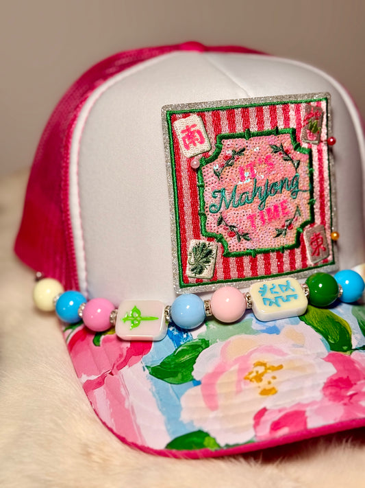 Mahjong Queen Trucker Hat, Floral Mahjong Hat, Pink Striped Patch Hat, Boujee Mahjong Hat, Game Night Hat, Cute Boutique Trucker Hat