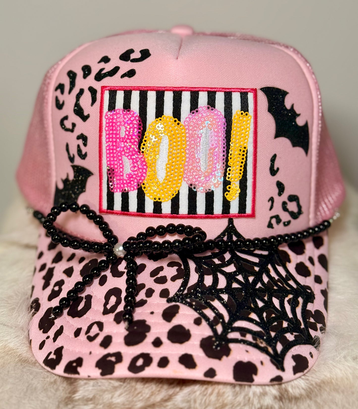 Pink Boo Halloween Trucker Hat | Sequin Boo Hat | Pink Leopard Halloween Hat | Spooky Season Trucker Hat