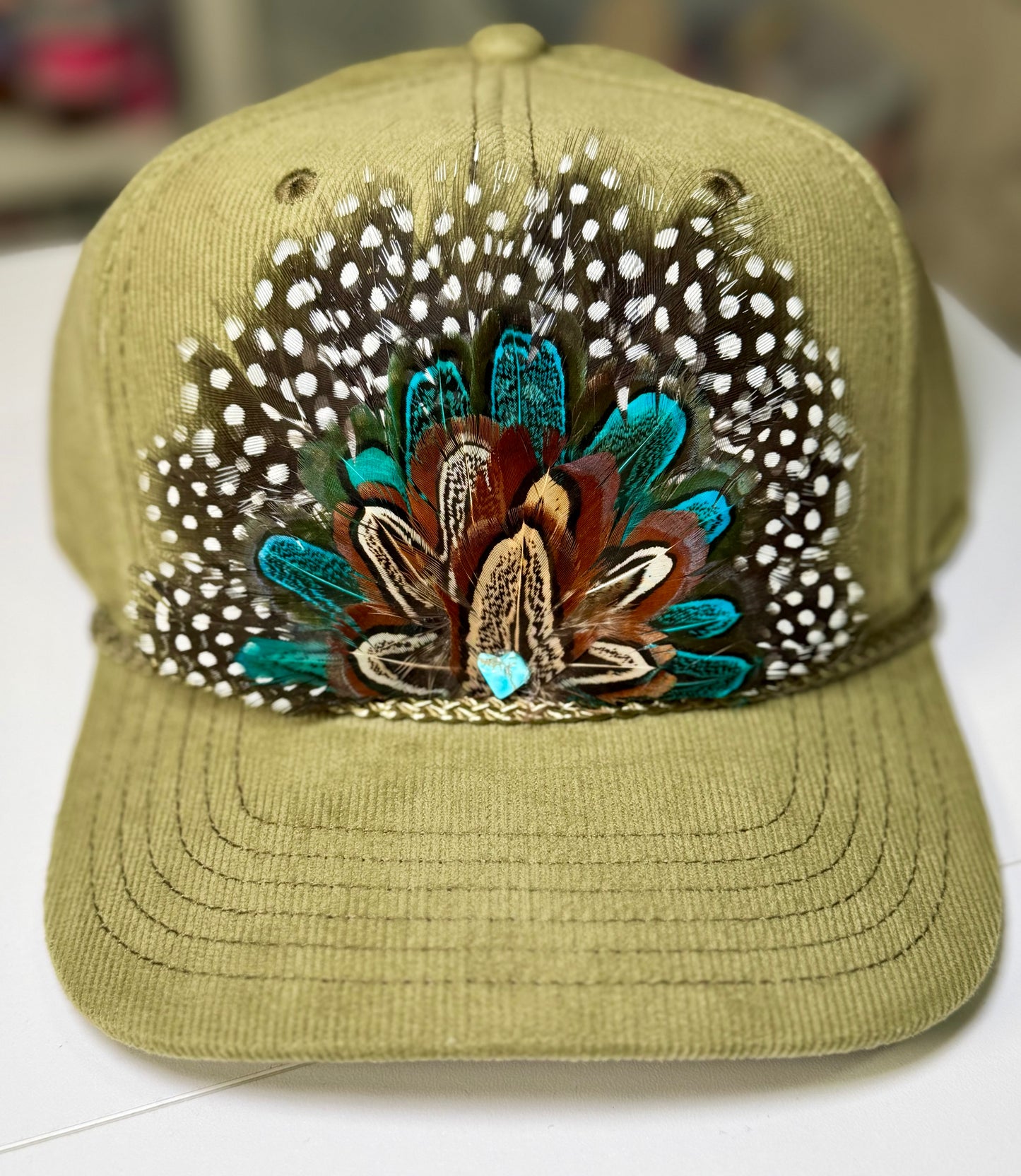 Olive Corduroy Feather Hat – Turquoise Heart & Western Style