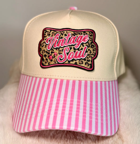 Vintage Soul Trucker Hat | Pink Stripe Boutique Hat with Leopard Patch | Girly Western Glam Snapback
