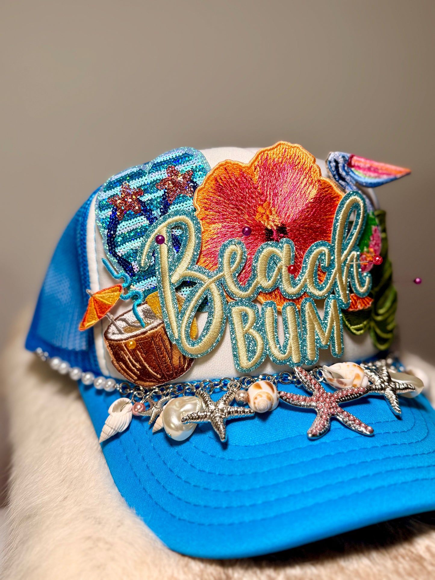 Beach Bum Coastal Glam Trucker Hat | Blue Tropical Shell Hat | Summer Vacation Statement Cap