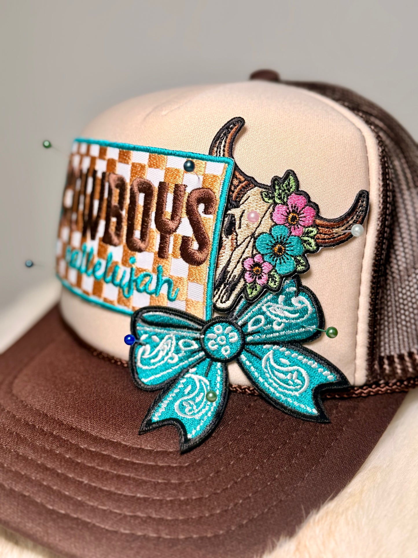Cowboys Hallelujah Western Trucker Hat | Turquoise Bow & Floral Cow Skull Patch Hat