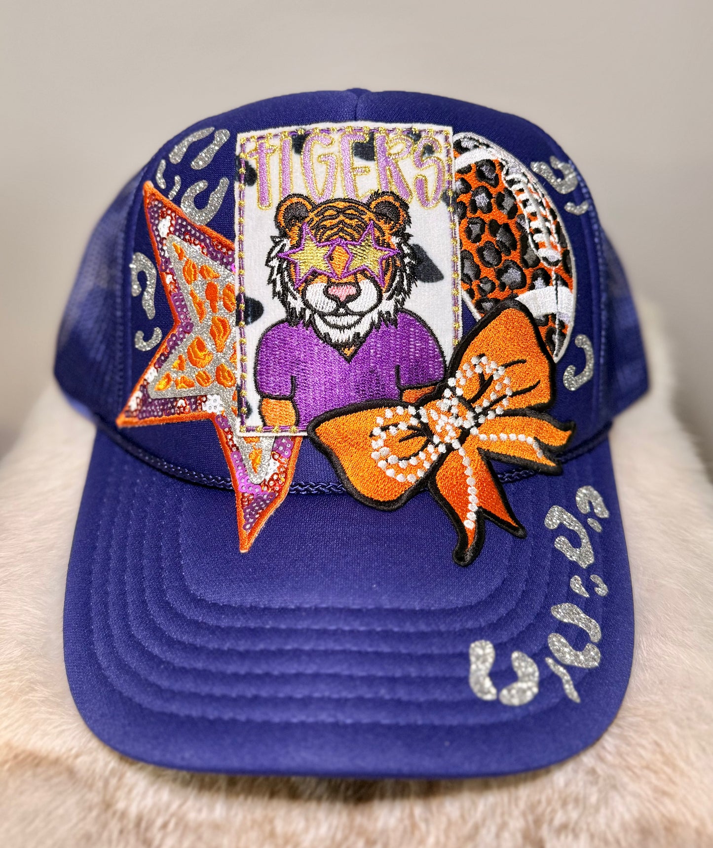 Tiger Game Day Trucker Hat | Purple & Orange Football Hat | Bling Tiger Fan Hat | Handmade Game Day Cap