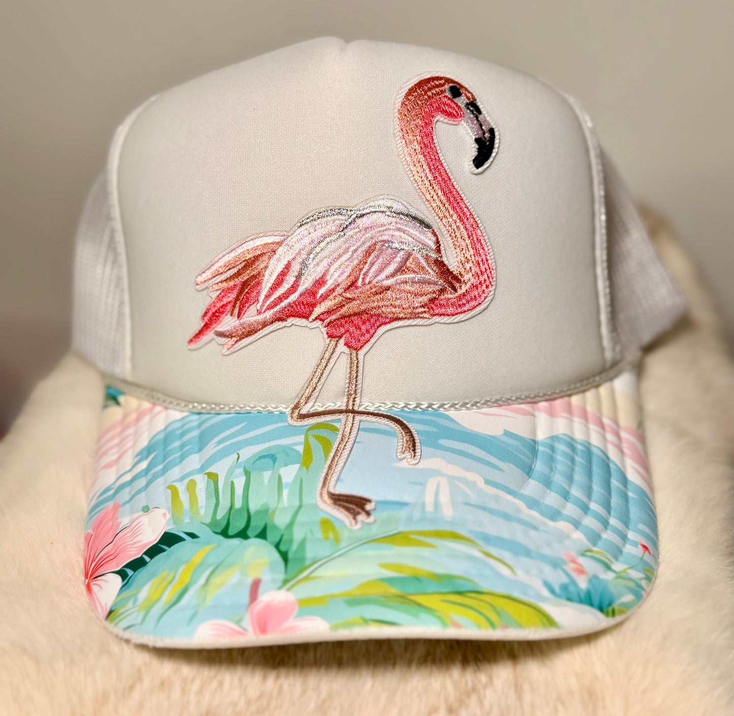 Pink Flamingo Tropical Trucker Hat | Beach Boutique Hat | Coastal Summer Snapback | Flamingo Beach Hat for Women