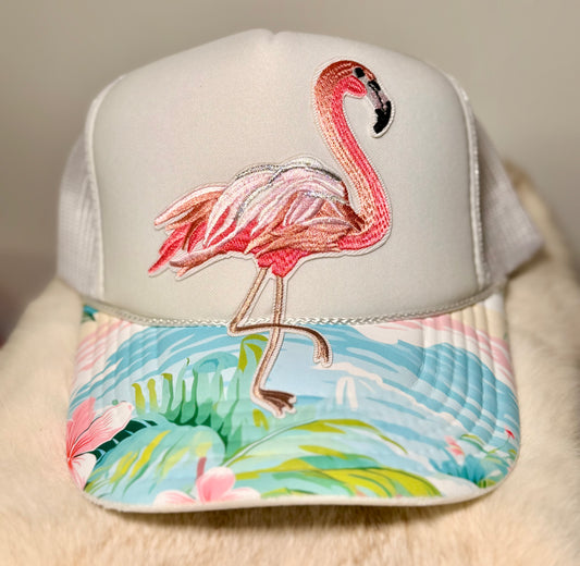 Pink Flamingo Tropical Trucker Hat | Beach Boutique Hat | Coastal Summer Snapback | Flamingo Beach Hat for Women