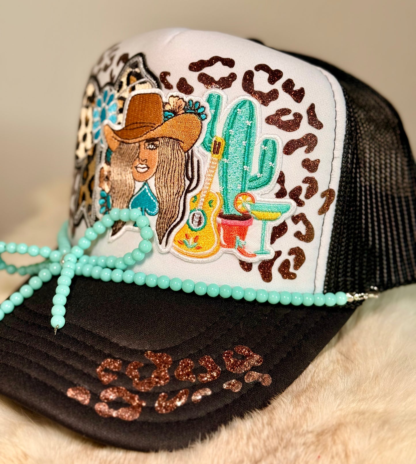 Western Cowgirl Glam Trucker Hat | Leopard & Turquoise Boutique Hat | Southern Boho Western Cap