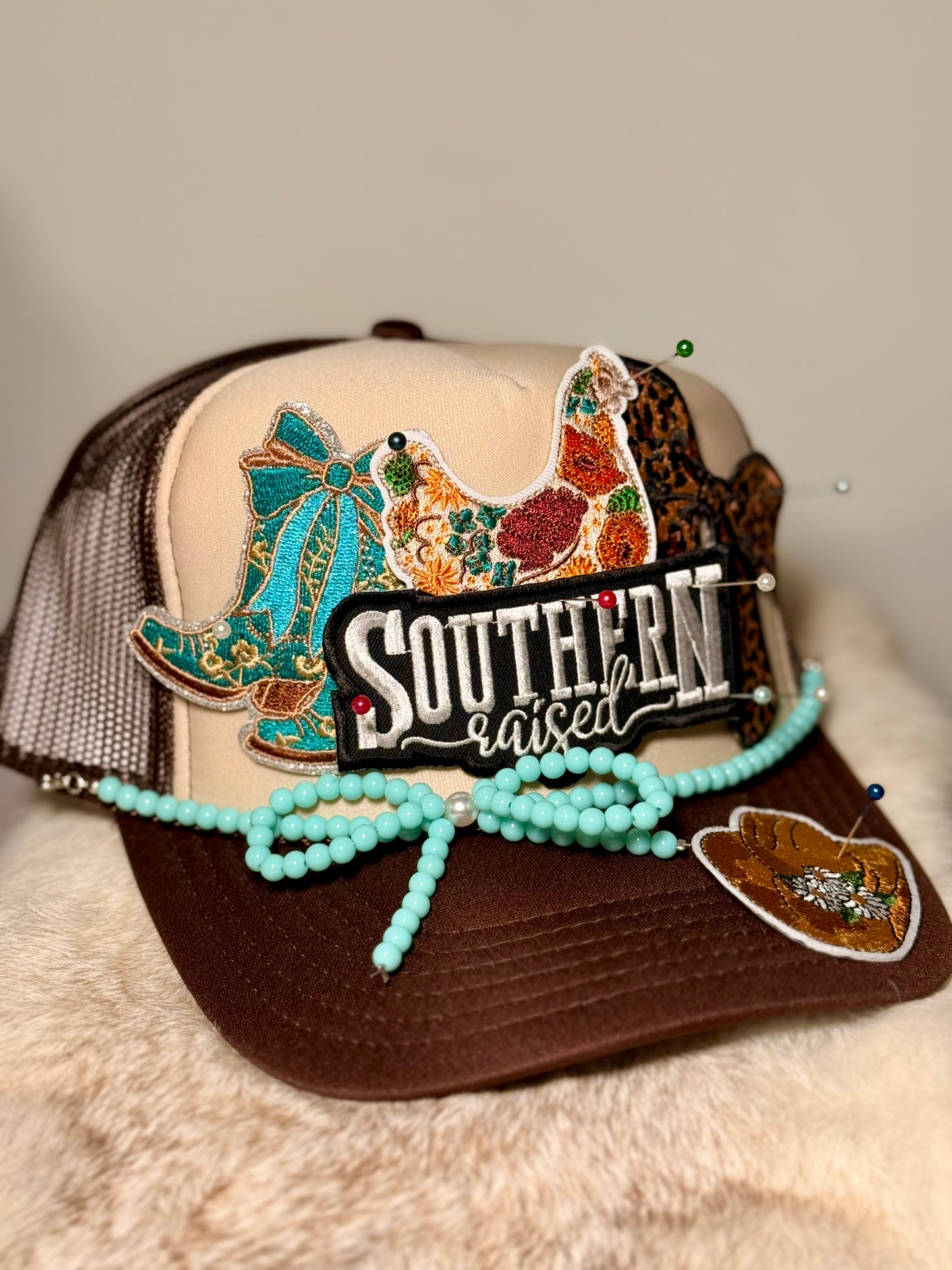 Southern Raised Hen & Leopard Bow Trucker Hat – Farmhouse Glam Western Cap