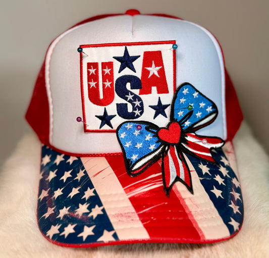 USA Patriotic Boutique Trucker Hat | Americana Bow Hat | Red White & Blue Fourth of July Snapback | Custom USA Hat