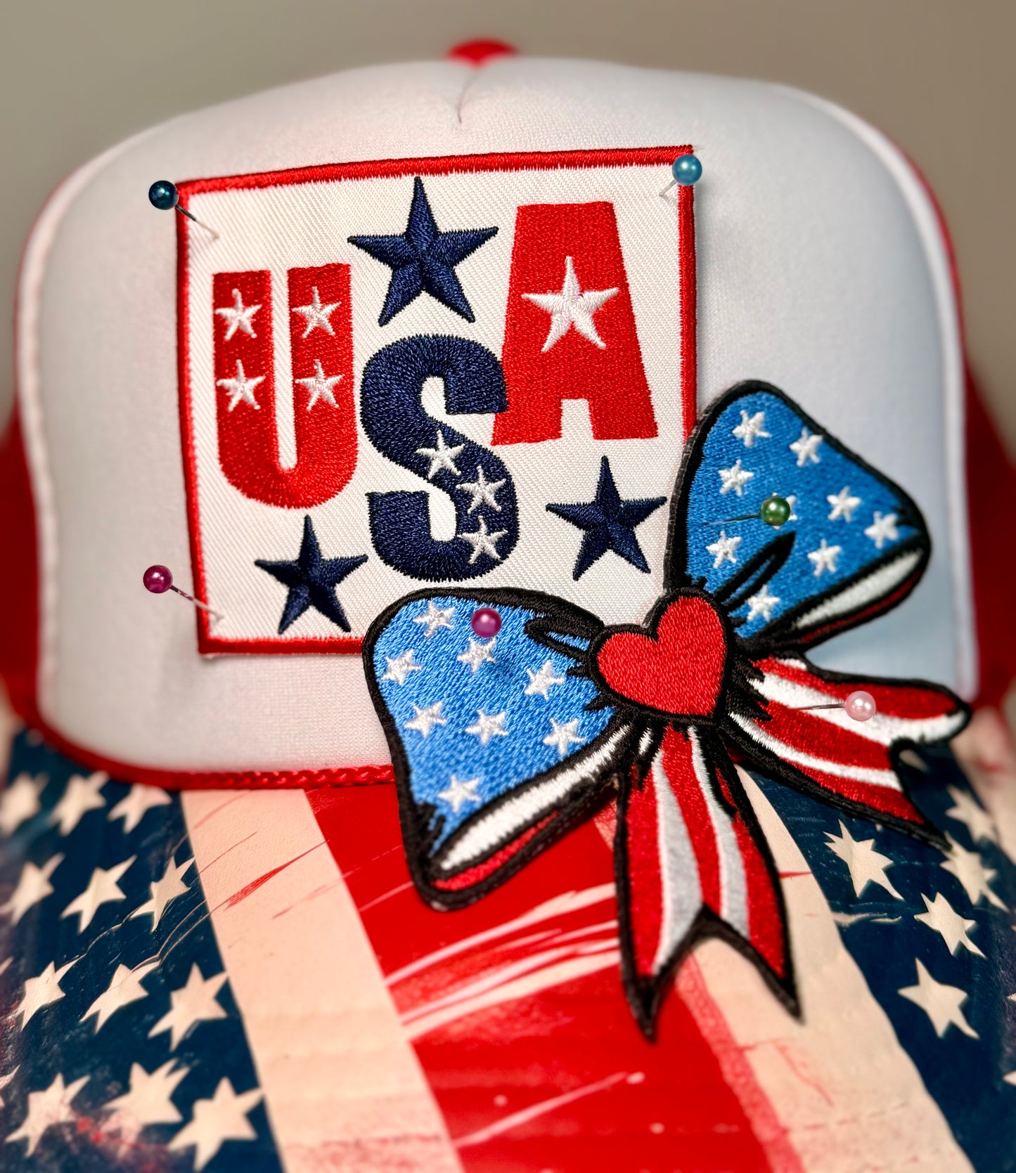 USA Patriotic Boutique Trucker Hat | Americana Bow Hat | Red White & Blue Fourth of July Snapback | Custom USA Hat