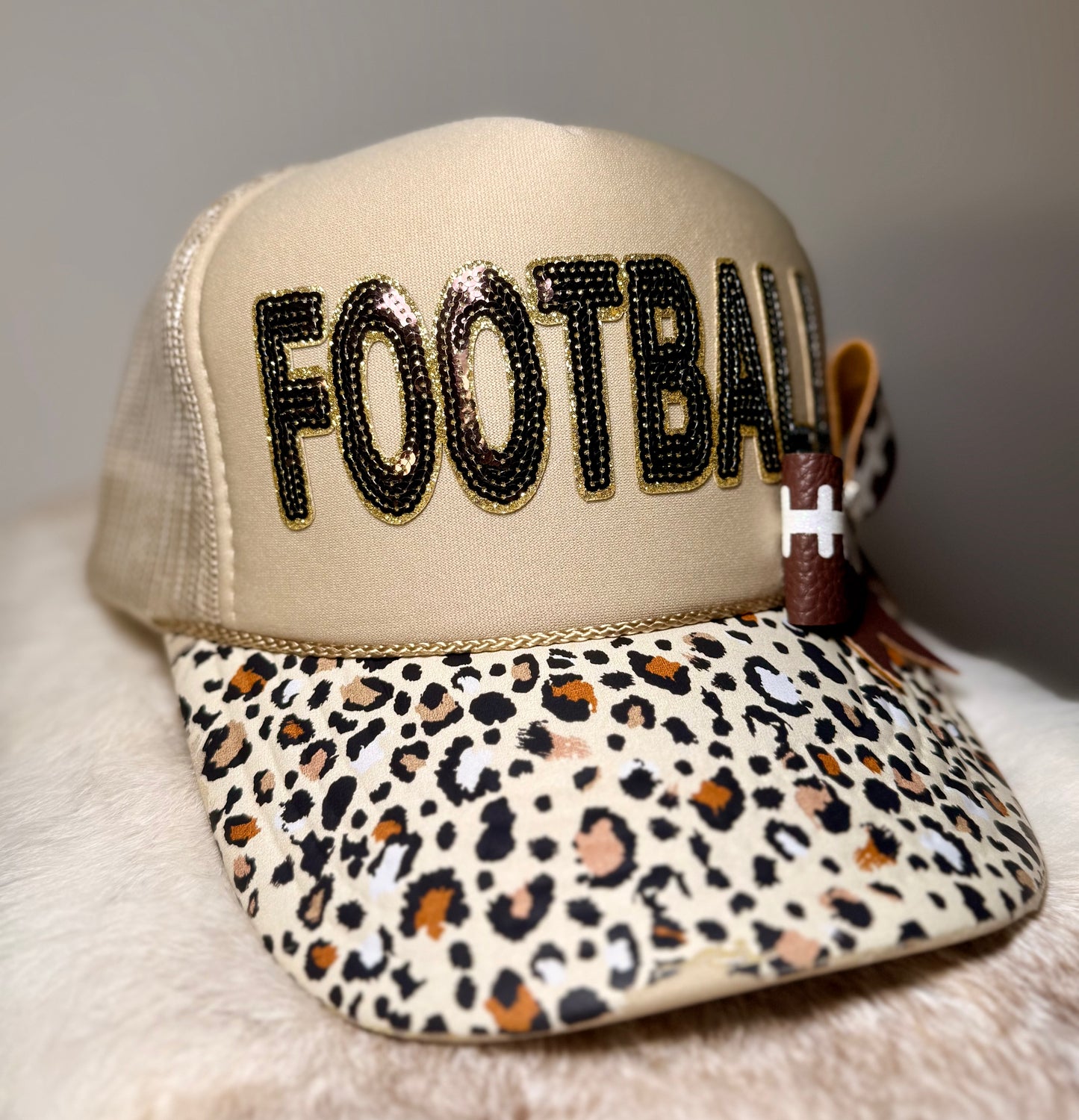 Leopard Football Trucker Hat | Sequin Football Hat | Game Day Trucker Cap | Football Mom Hat | Handmade Bow Hat