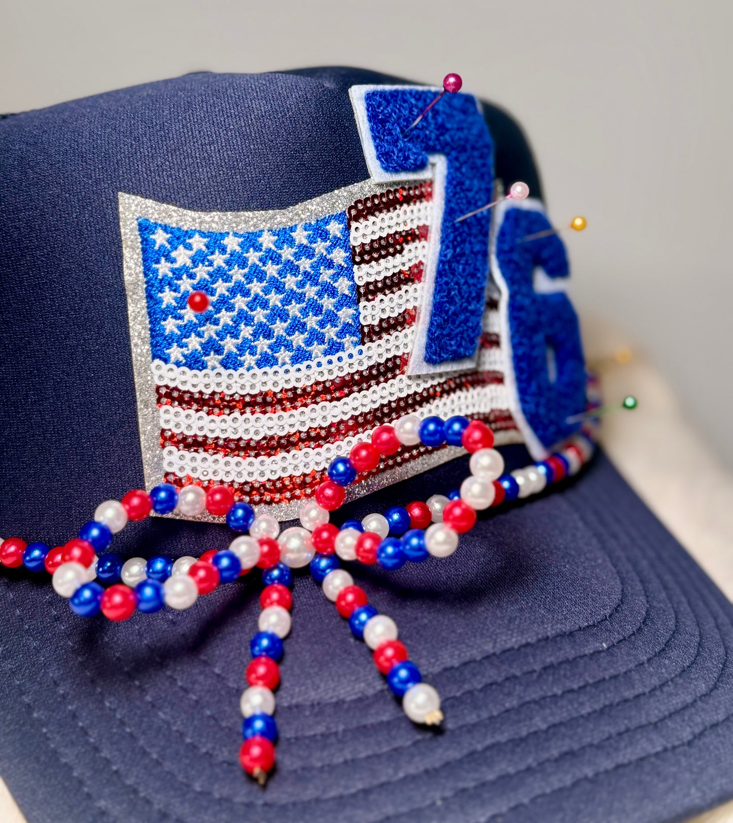 Patriotic 76 Trucker Hat | Americana USA Flag Hat | Red White & Blue Beaded Bow Hat
