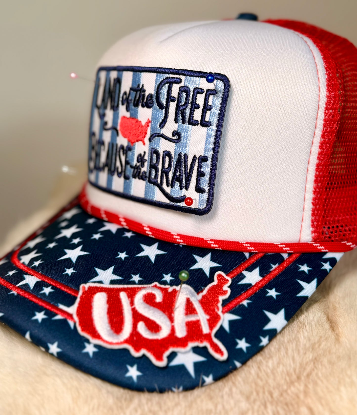 Land of the Free Patriotic Trucker Hat | USA Patch Hat with Star Brim Accent | Fourth of July Boutique Snapback