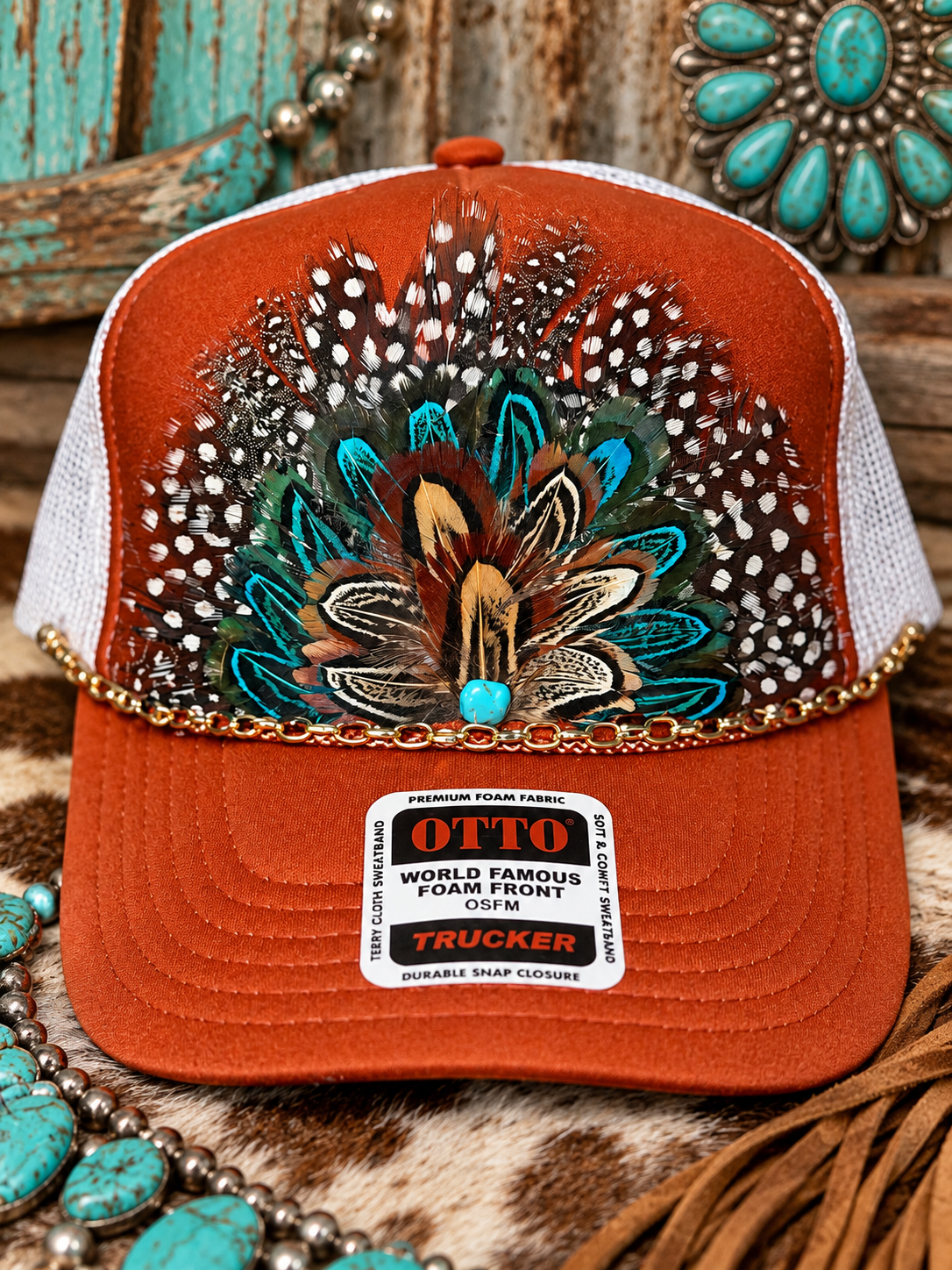 Turquoise Feather Trucker Hat – Western Burnt Orange Boutique Hat with Gold Chain