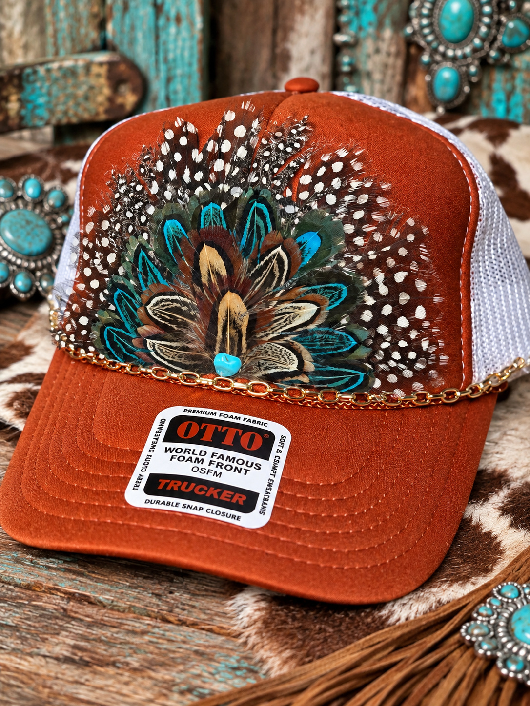 Turquoise Feather Trucker Hat – Western Burnt Orange Boutique Hat with Gold Chain