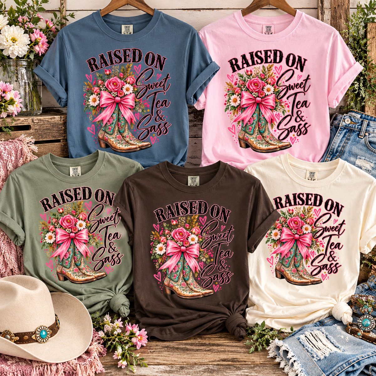 Raised on Sweet Tea & Sass – Southern Cowgirl Graphic Tee | Western Boots & Pink Bow Shirt