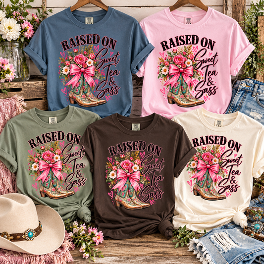 Raised on Sweet Tea & Sass – Southern Cowgirl Graphic Tee | Western Boots & Pink Bow Shirt