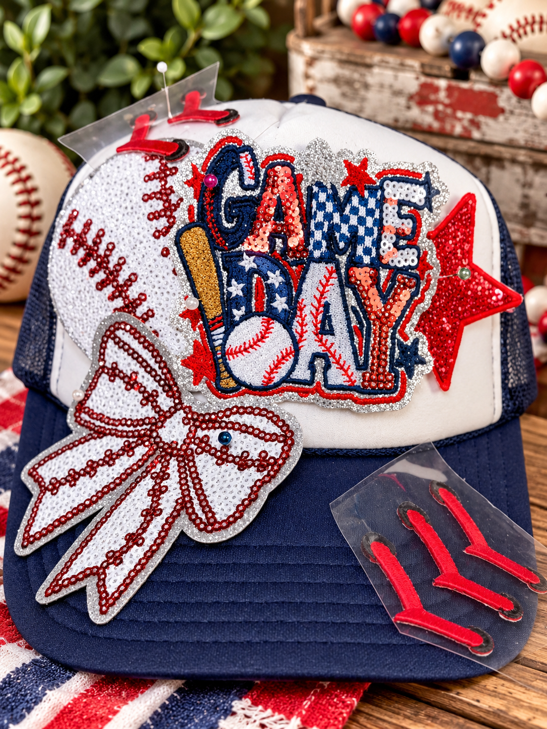 Baseball Game Day Trucker Hat – Red, White & Navy Sequin Hat