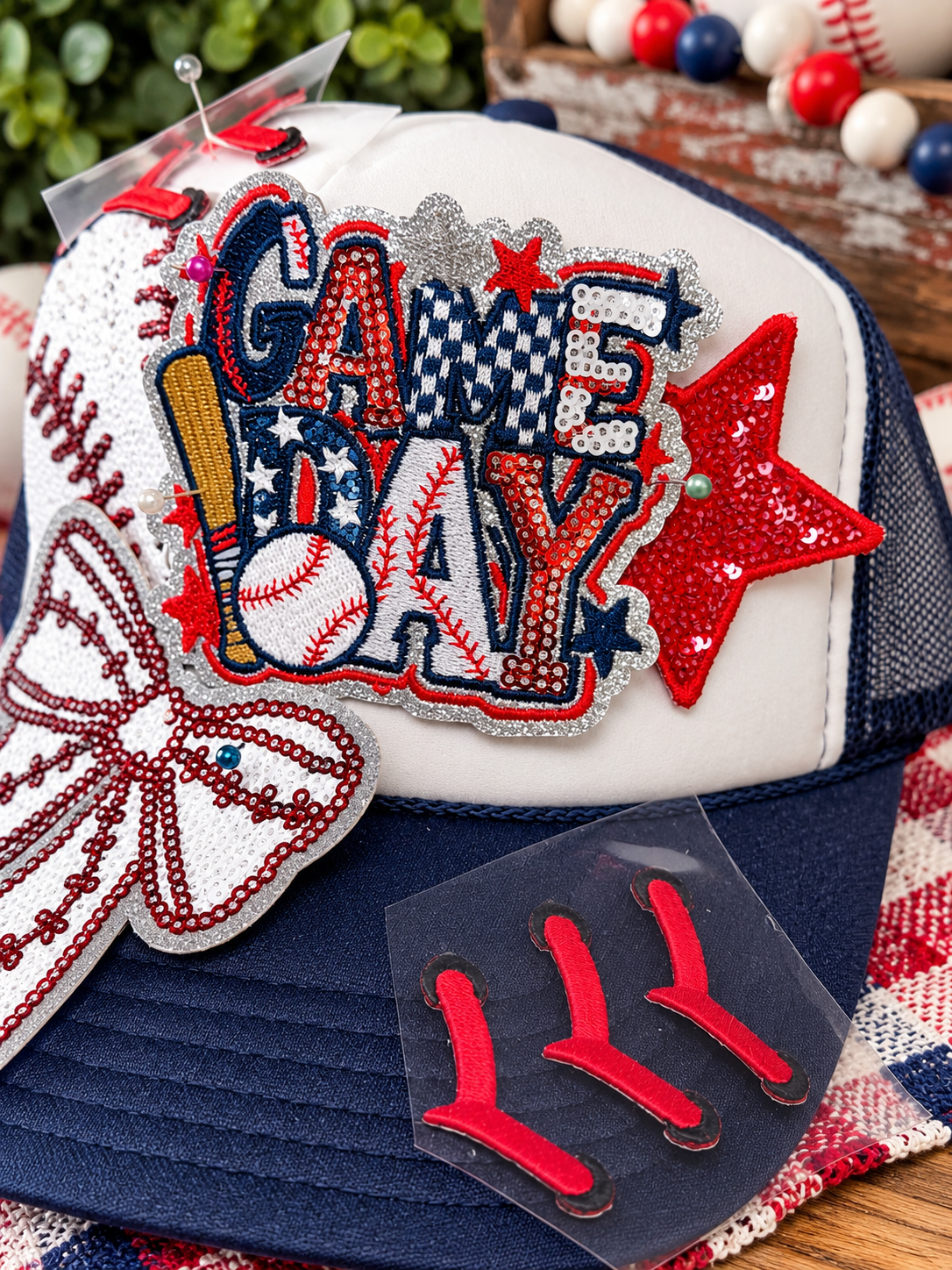 Baseball Game Day Trucker Hat – Red, White & Navy Sequin Hat