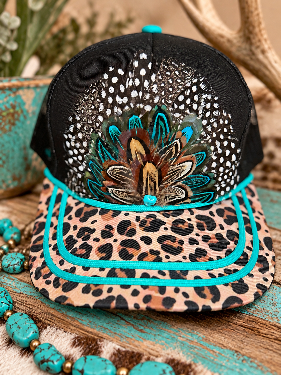 Turquoise & Leopard Feather Trucker Hat | Western Boutique Statement Cap