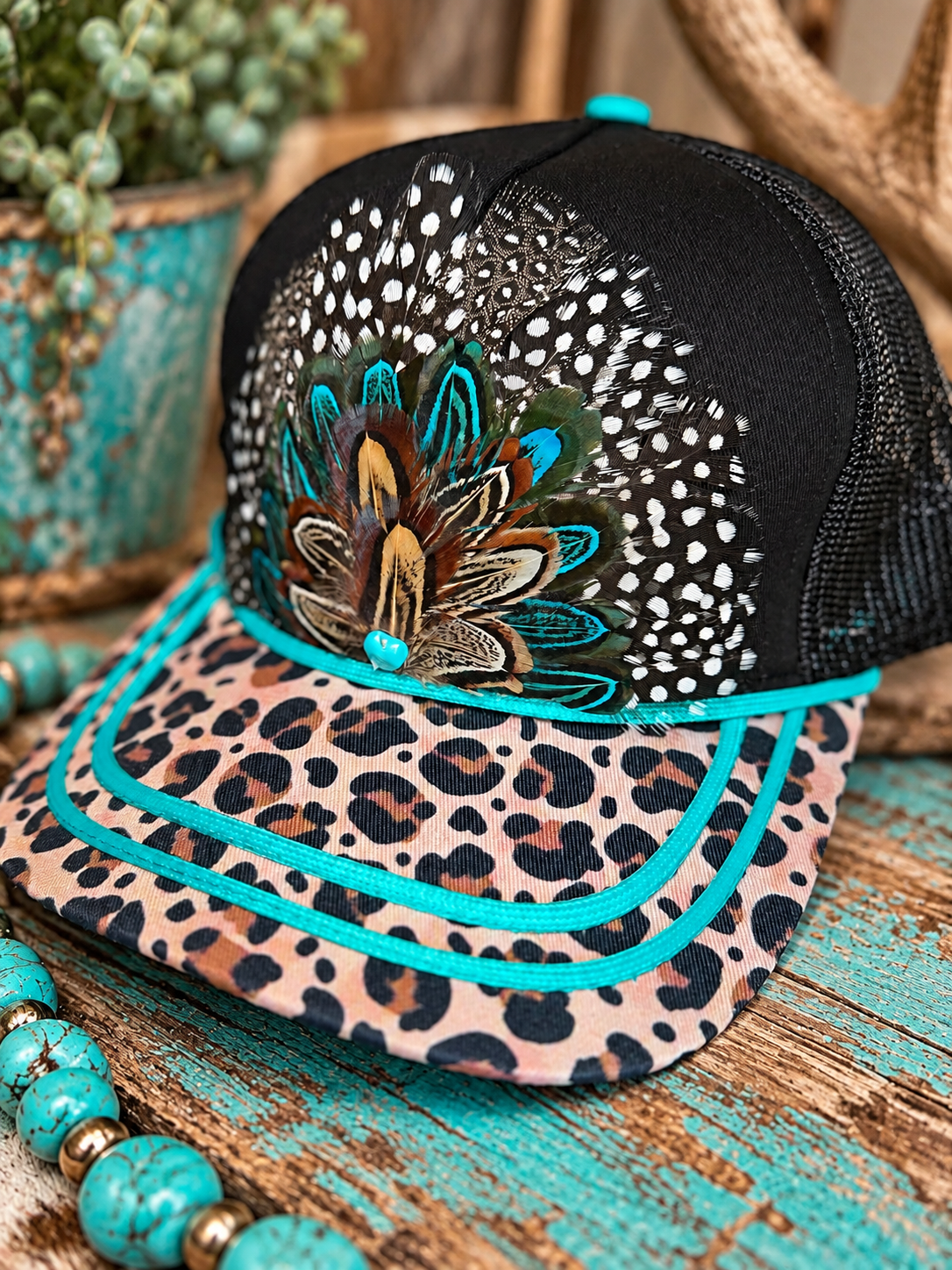 Turquoise & Leopard Feather Trucker Hat | Western Boutique Statement Cap