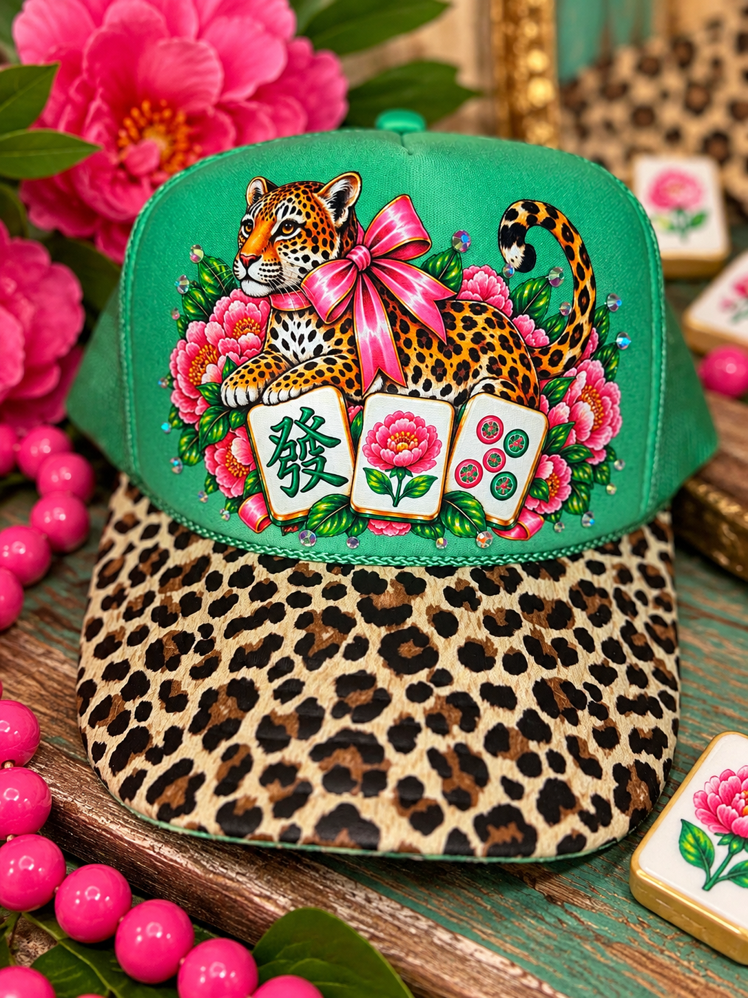 Mahjong Trucker Hat, Leopard Print Brim, Pink Bow Mahj Hat, Rhinestone Mahjong Hat, Women’s Mahjong Gift