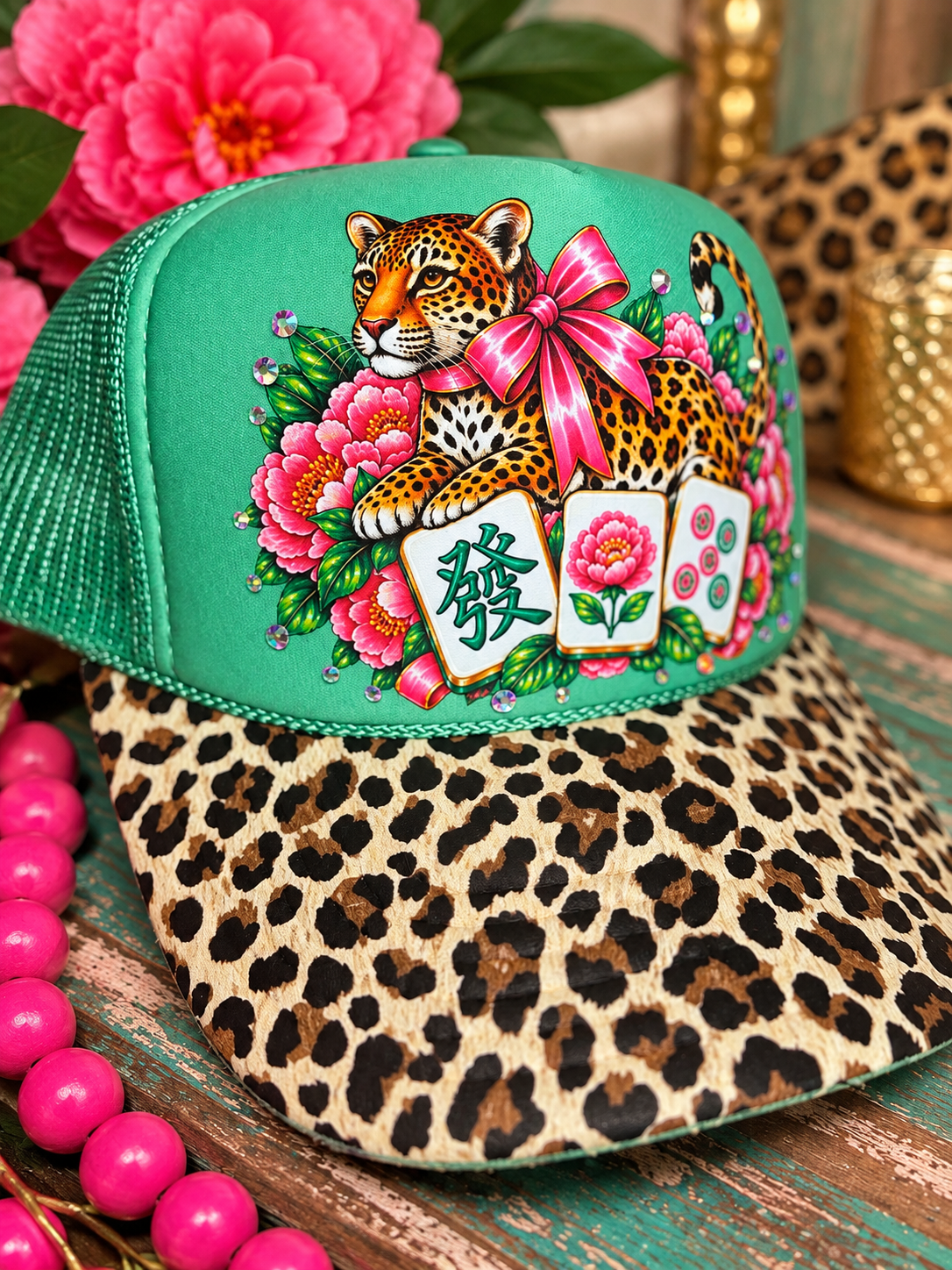 Mahjong Trucker Hat, Leopard Print Brim, Pink Bow Mahj Hat, Rhinestone Mahjong Hat, Women’s Mahjong Gift