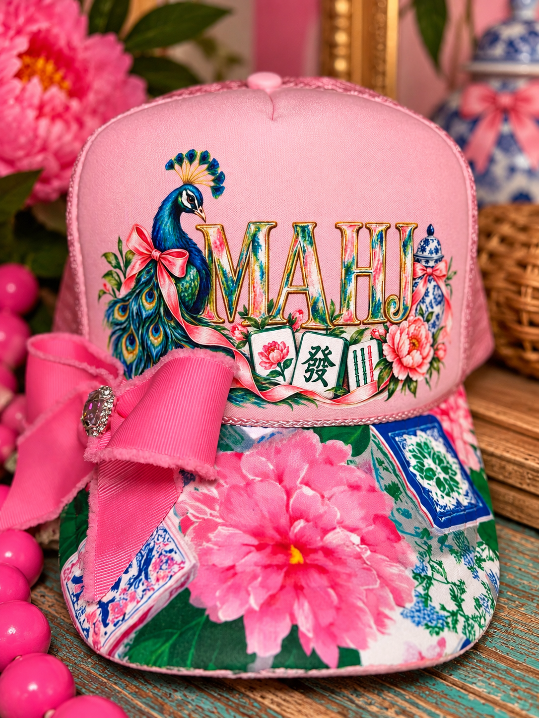 Pink Mahjong Trucker Hat | Peacock MAHJ Hat with Floral Brim, Pink Bow & Rhinestone Charm | Boutique Mahjong Gift