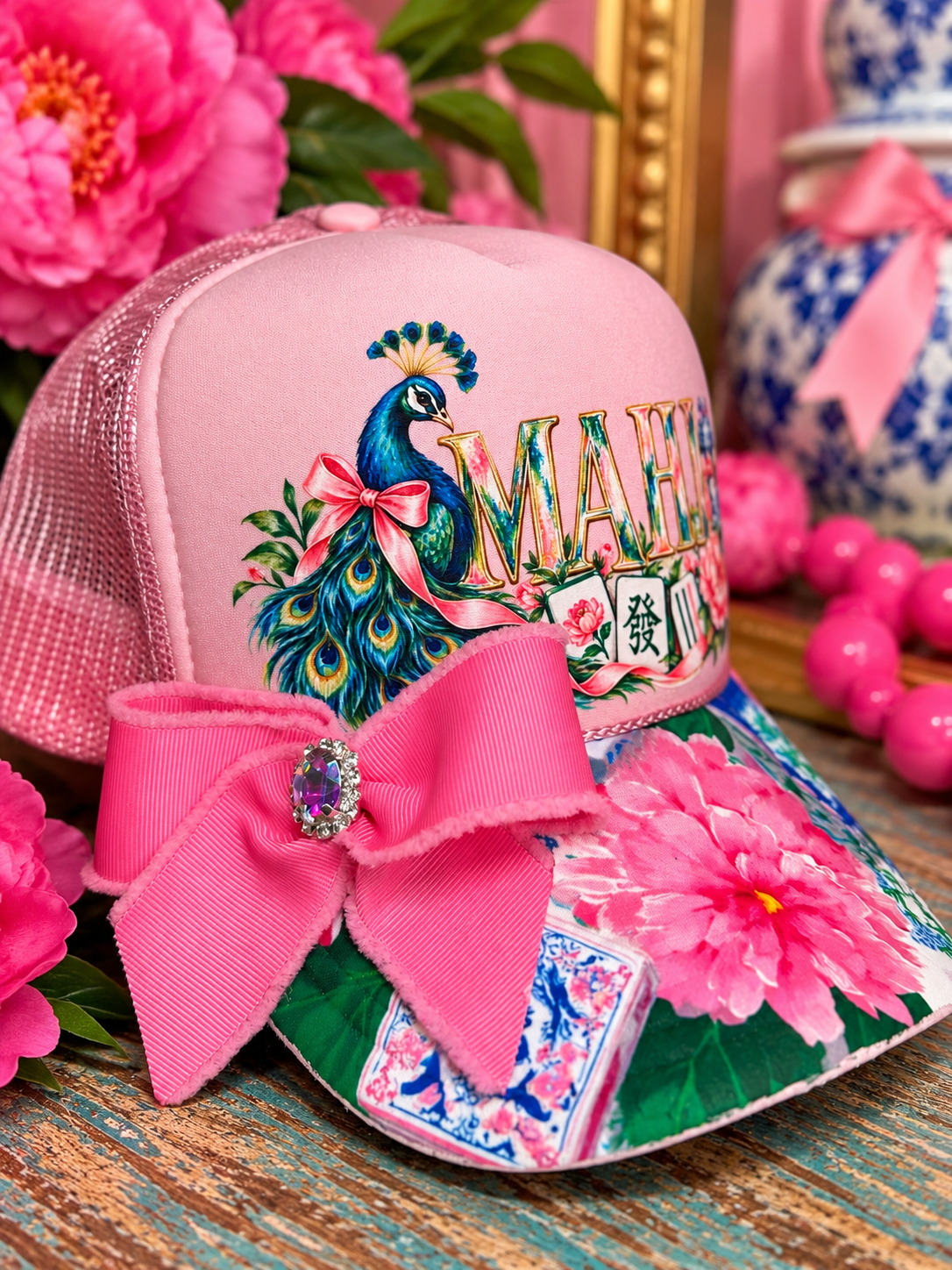 Pink Mahjong Trucker Hat | Peacock MAHJ Hat with Floral Brim, Pink Bow & Rhinestone Charm | Boutique Mahjong Gift