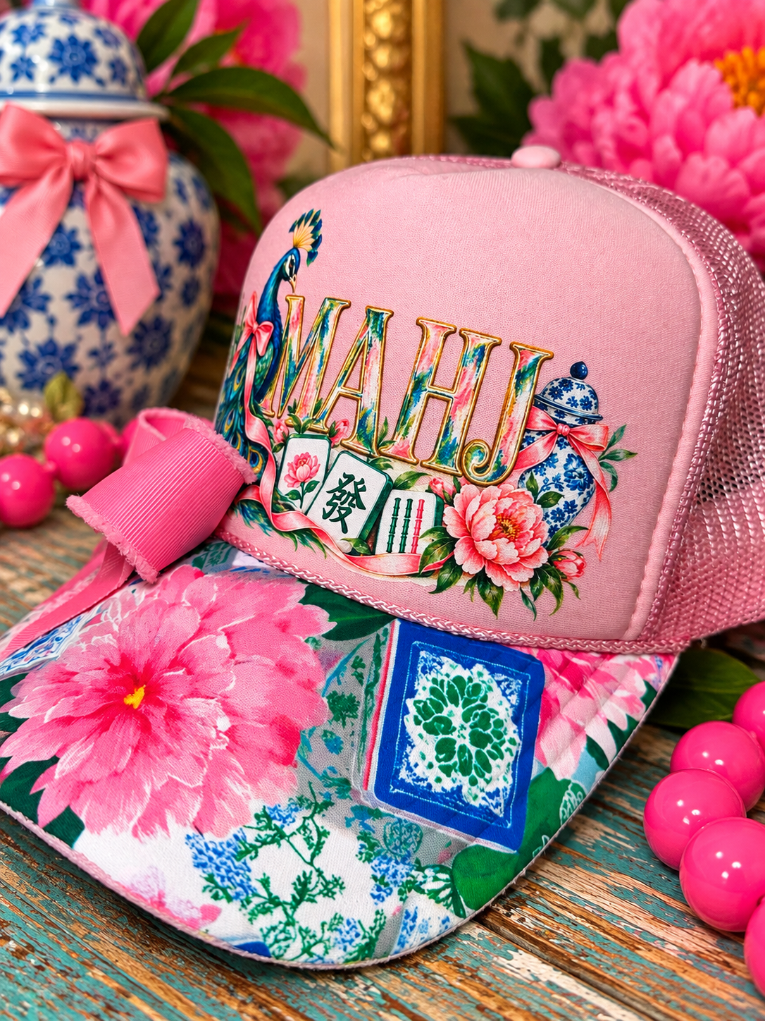 Pink Mahjong Trucker Hat | Peacock MAHJ Hat with Floral Brim, Pink Bow & Rhinestone Charm | Boutique Mahjong Gift