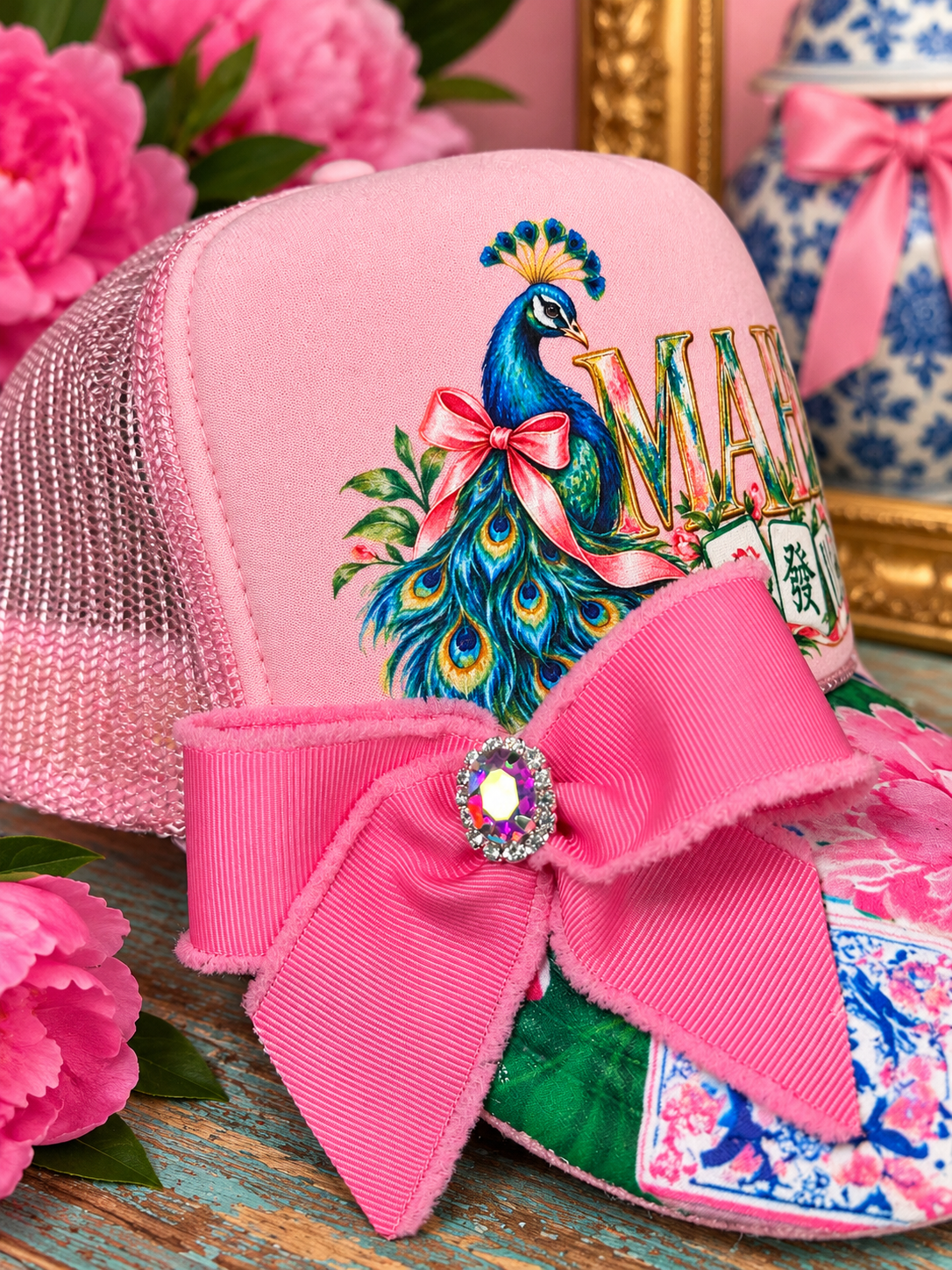 Pink Mahjong Trucker Hat | Peacock MAHJ Hat with Floral Brim, Pink Bow & Rhinestone Charm | Boutique Mahjong Gift