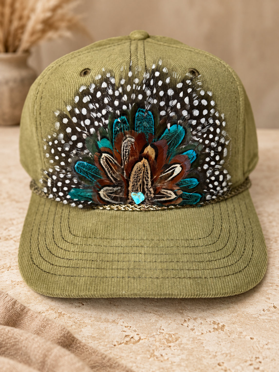 Olive Corduroy Feather Hat – Turquoise Heart & Western Style