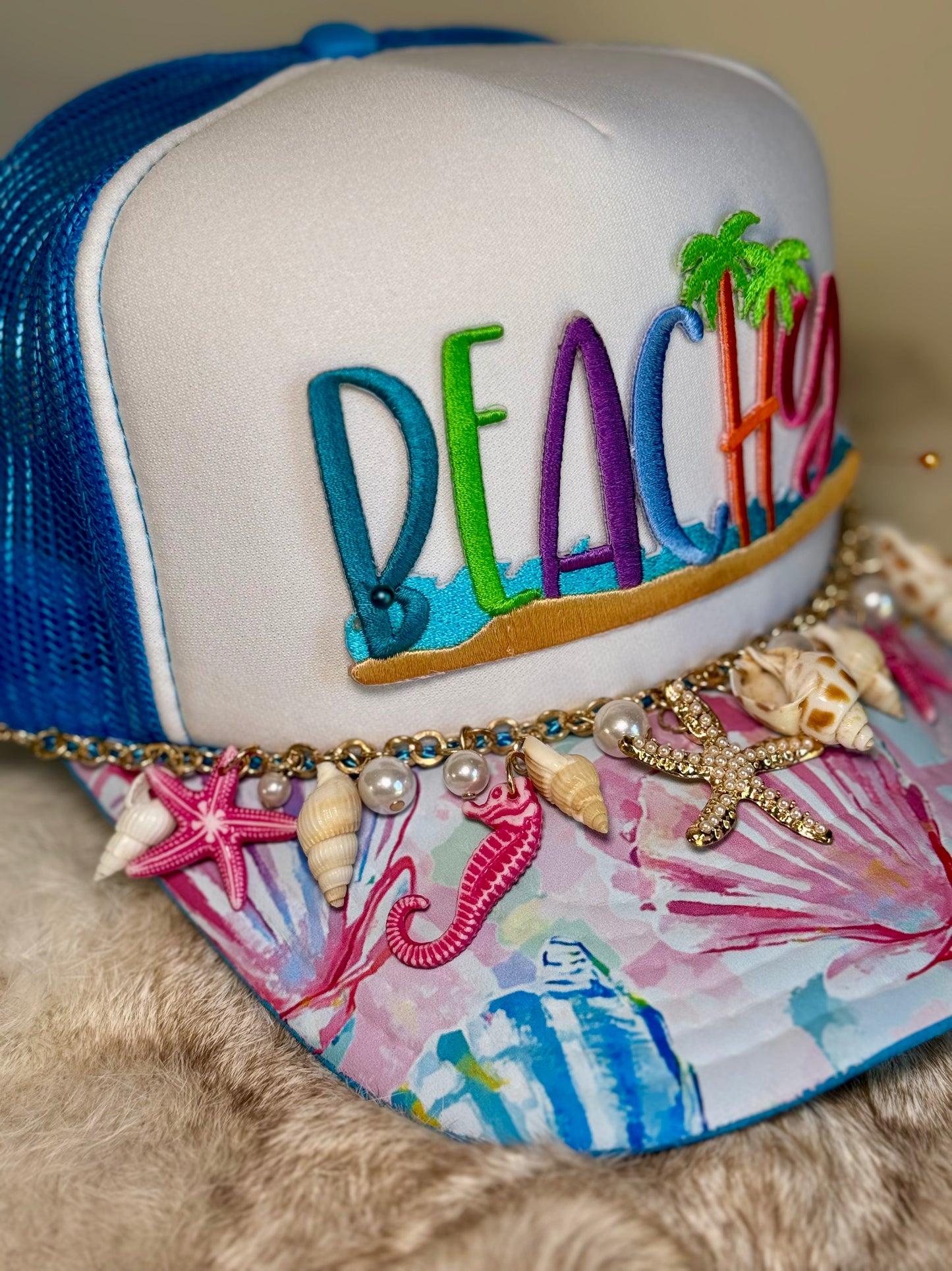 Beachy Trucker Hat, Coastal Beach Hat, Summer Vacation Hat, Palm Tree Hat, Ocean Lover Hat, Coastal Cowgirl Hat, Cute Boutique Trucker Hat