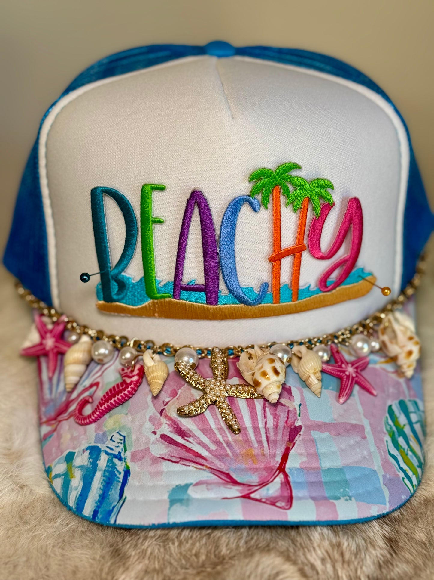 Beachy Trucker Hat, Coastal Beach Hat, Summer Vacation Hat, Palm Tree Hat, Ocean Lover Hat, Coastal Cowgirl Hat, Cute Boutique Trucker Hat